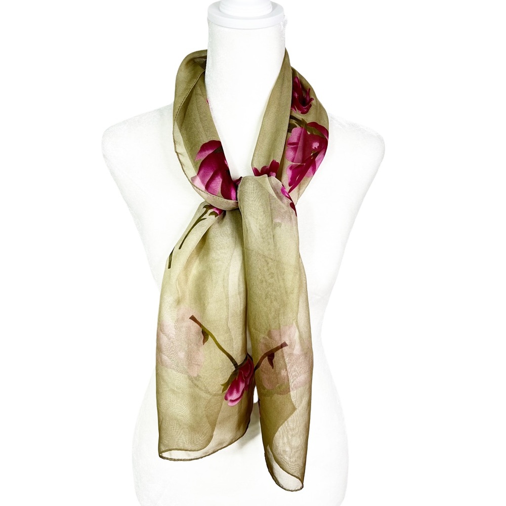 Elaine Gold x Collection XIIX Sheer Floral Neck Scarf Tan & Pink 52”x10”